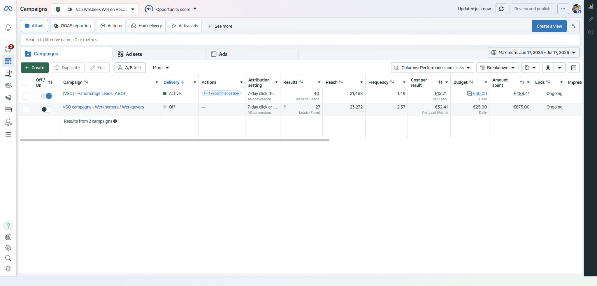 Vergelijking van de nieuwe websitecampagne en eerdere Instant Forms-campagne in Meta Ads Manager